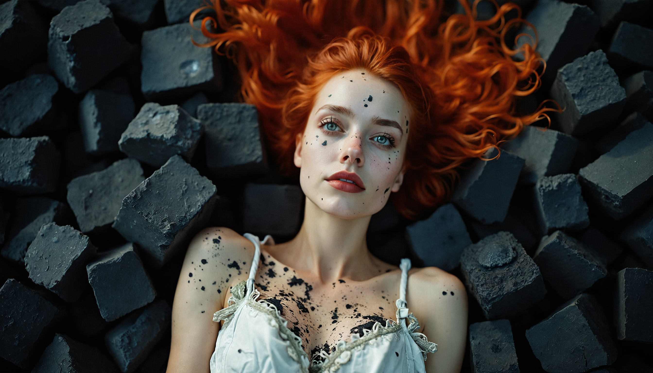 as seen from above, Extreme wide-angle fish-eye lens effect, distorting and curving straight lines, exaggerating perspective, circular image border, bright red haired irish woman laying on large chunks of charcoal in a white dress, dirty with black soot, looking up, colorful eyes, love stare into camera, hyper-realistic, realistic, photography