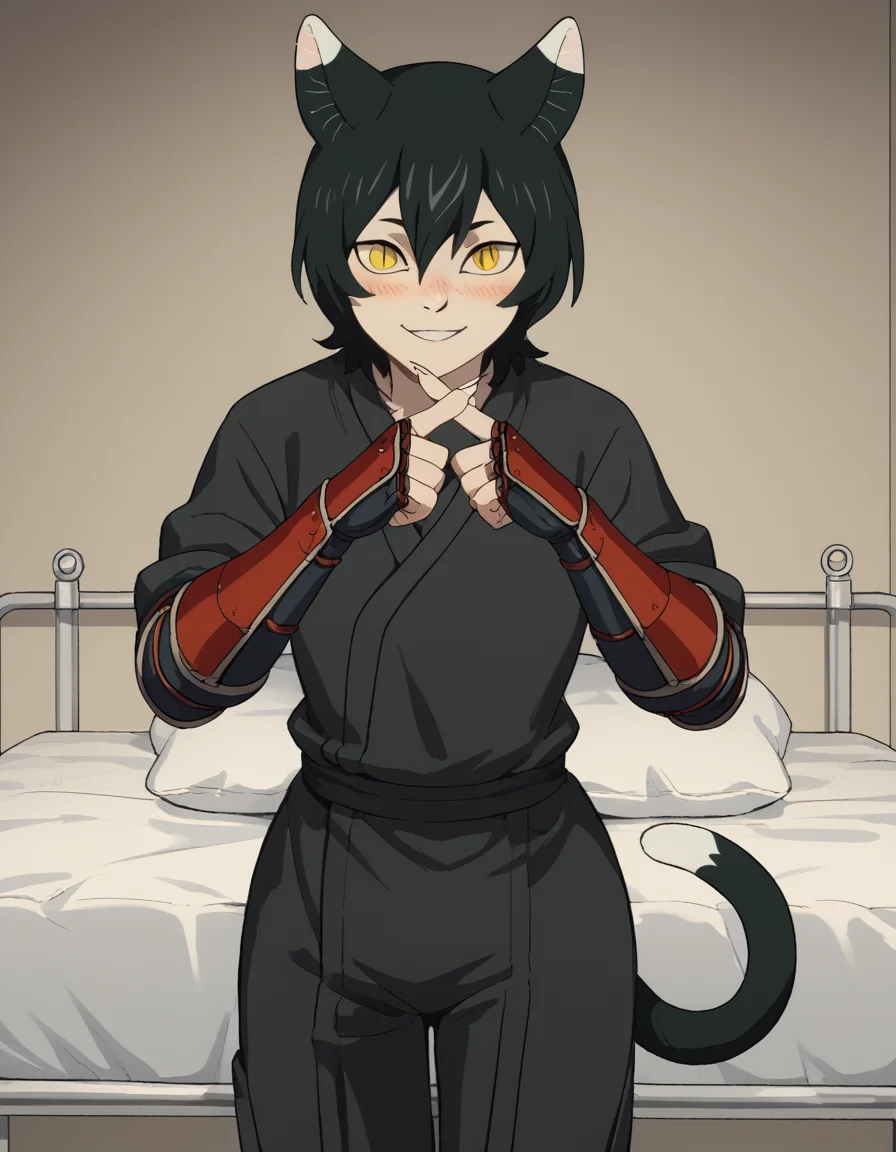 score_9, score_8_up, score_7_up, source_anime, <lora:izutsumi-s1-ponyxl-lora-nochekaiser:1>, izutsumi, black hair, animal ears, tail, yellow eyes, cat ears, cat tail, cat girl, slit pupils,, japanese clothes, gauntlets, ninja, black shirt, black pants,, hospital, beds, doctors, patients, medical, smile, <lora:x-fingers-ponyxl-lora-nochekaiser:1>, x fingers, blush, parted lips,, looking at viewer, solo,, dutch angle, cowboy shot