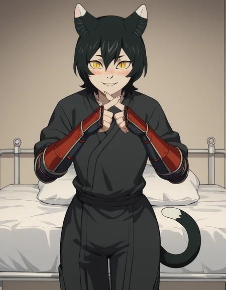 score_9, score_8_up, score_7_up, source_anime, <lora:izutsumi-s1-ponyxl-lora-nochekaiser:1>, izutsumi, black hair, animal ears, tail, yellow eyes, cat ears, cat tail, cat girl, slit pupils,, japanese clothes, gauntlets, ninja, black shirt, black pants,, hospital, beds, doctors, patients, medical, smile, <lora:x-fingers-ponyxl-lora-nochekaiser:1>, x fingers, blush, parted lips,, looking at viewer, solo,, dutch angle, cowboy shot