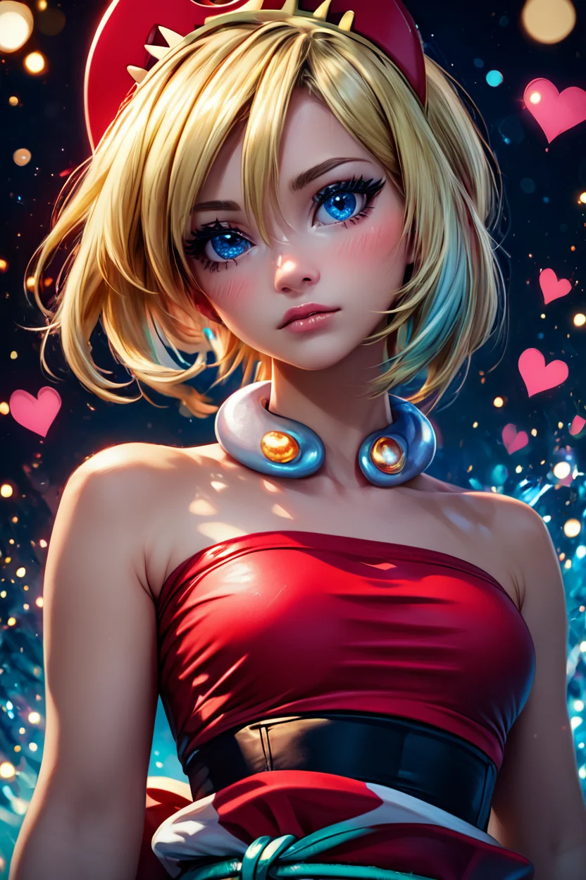 score_9, score_8_up, score_8, medium breasts, (curvy), cute, eyelashes, BREAK, , zzIrida, blonde hair, blue eyes, short hair, bangs, hair between eyes, red hairband, bracelet, neck ring, red shirt, sash, solo, strapless shirt, white shorts, waist cape, <lora:Irida_Pokemon_PDXL_Citron:0.8>, BREAK, (ultra realistic,32k, masterpiece:1.2),(high detailed skin:1.1),( high quality:1.1), curvy, head tilt, hearts, blush, lips, closed mouth, curvy, head tilt, shiny clothes, (upper body), looking at viewer, bokeh, luminescent background, ,,, embedding:zPDXL, Expressiveh, ,,, <lora:RlAnmPDXL:1.0>,