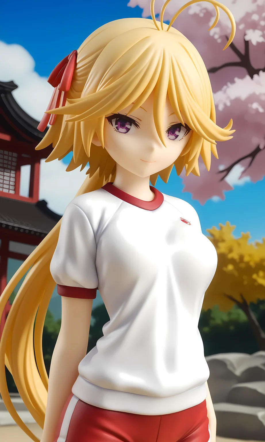 score_9, score_8_up, score_7_up, source_anime, highly detailed figure,looking at viewer, shiny skin, upper body, light smile, petite,ohwx, blonde_hair, purple_eyes, long_hair, short_hair, antenna_hair, ahoge, hair_between_eyes, very_long_hair, ponytail, breasts, hair_ribbon,shorts, gym_uniform, shirt, red_shorts, white_shirt, Traditional Japanese garden with blooming plum trees, delicate flowers, soft and peaceful spring scene,<lora:mira_yamana_pony_sobsynapse-000003:0.9>