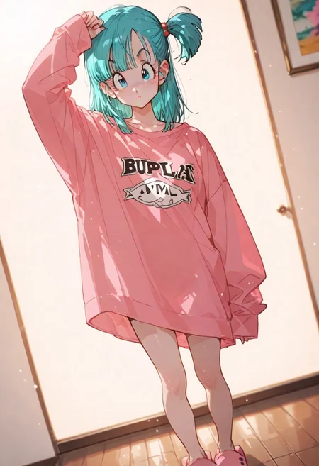 bulma, aqua hair, blue eyes,
outfit_pajama,: bangs, slippers, oversized clothes, one side up, pink pajama,
looking at viewer, simple background, closeup,, dutch angle,
BREAK ma1ma1helmes_b_illu,sketch, r17329_illu, xxx667_illu,
BREAK styling pose, fashion pose, sexy posing, dynamic angle, bloom, soft lighting, golden hour lighting,
BREAK perfect details, masterpiece, best quality, ultra-detailed, best illustration, high resolution, extremely detailed CG, unity 8k wallpaper, textile shading, super detailed skin, perfect anatomy, detailed, cinematic lighting, dynamic lighting, light particles, beautiful detailed eyes, absurdres, very aesthetic, detailed background, depth of field