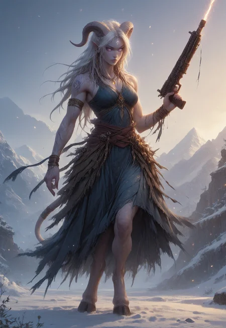 (absurdres, best quality, masterpiece:1.4), score_9, score_8_up, score_7_up, score_6_up, detailed, detailed body, detailed face, world of warcraft, fantasy, <lora:add-detail-xl:1.5>,
fFaceDetail, SkinDetail, ((female, draenei, tall, athletic arms, pale white skin, long white hair, purple eyes, no pupil, no sclera, long white tail), (h0rns, ram horns, white horns),
(long fingers, purple fingernails, purple nail polish), hooves),
GunMonk, shotgun, holding shotgun, dynamic pose,
(long loose blue dress, blue silk scarf, tail under dress, simple armlet, small yellow gem pendant),
outdoors, mountains, temple, snow, evening