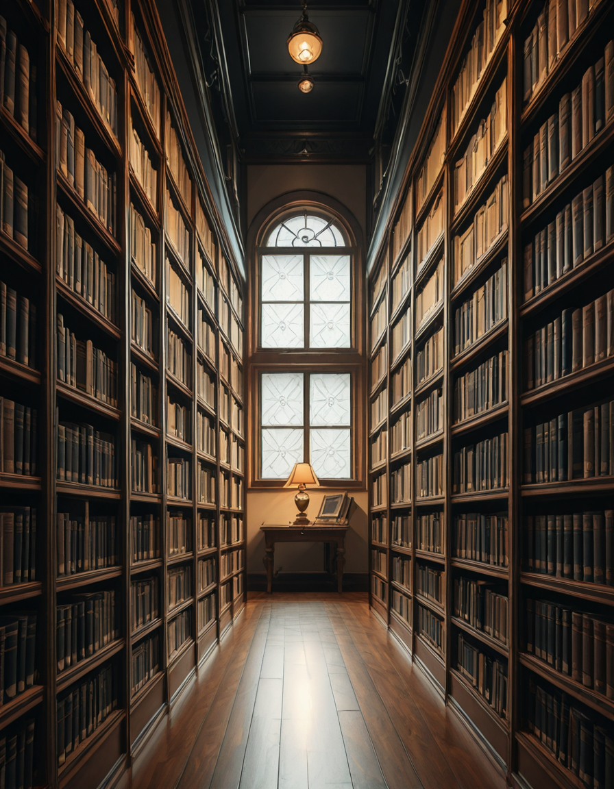 A quiet and dimly lit aisle in a grand university library, lined with tall wooden bookshelves filled with countless books of various sizes and colors. The shelves stretch high, nearly reaching the ceiling, with small ladders placed along the aisle for access to the upper rows. The soft glow of overhead lights casts a warm ambiance, illuminating the dust particles floating in the air. The floor is covered in polished hardwood or a subtle-patterned carpet, absorbing the quiet footsteps of visitors. At the far end of the aisle, a large window lets in a gentle stream of natural light, creating a contrast between the warm artificial glow and the cool daylight. Some books are slightly pulled out from the shelves, and a few are stacked on a nearby wooden table, suggesting recent use. The atmosphere is serene and intellectual, evoking a sense of knowledge, discovery, and timeless academia. The composition is symmetrical, drawing the eye down the center of the aisle, creating depth and perspective.
<lora:SDXLFaeTastic2400:0.4> <lora:extremely_detailed:0.4> extremely detailed, <lora:University_Library_41sl3-ill:1>,University Library 41sl3, Masterpiece,best quality,hi res,8k,hi res,8k,award winning,(sharp focus, intricate, highly detailed),