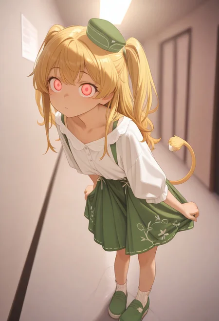 soft light, perfect anatomy , sharp focus, ((Depth of field)) deep depth, (Ultra detailed), best quality, intricate lighting, (absurd resolution), high resolution, intricate details, volumetric lighting, green hat, yellow hair, flowing detailed hair, innocent eyes, white panty hose, green skirt, green shoulder straps , white thick inner shirt, green striped socks, green shoes, small hat, twin tail hair, natural cloths, wild like girl, Fun Spirit, Fine Details, ,Fun Spirit, Fine Details,, s4ish0,, curious excitement