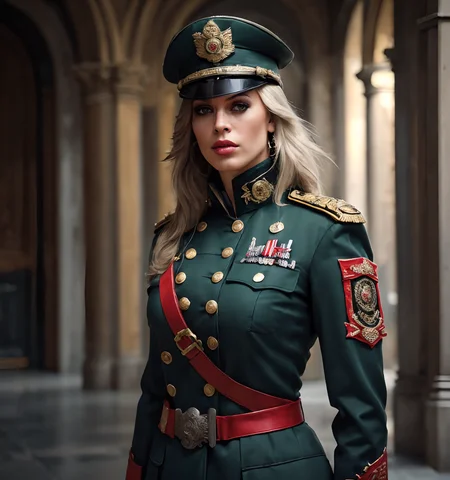 RAW photo, (masterpiece:1.3), subsurface scattering, heavy shadow, (high quality:1.4), (intricate, high detail:1.2), professional photography, HDR, High Dynamic Range, realistic, ultra realistic, photorealistic, high resolution, film photography, ambient lighting, atmospheric effects, <lora:detail_slider_v4:2>, Amber, <lora:Amber:1>, dark makeup, long uniform coat, epaulettes, green military uniform, military cap, gloves, <lora:Female_Fantasy_Uniform:0.75>, upper body, epiCPhoto