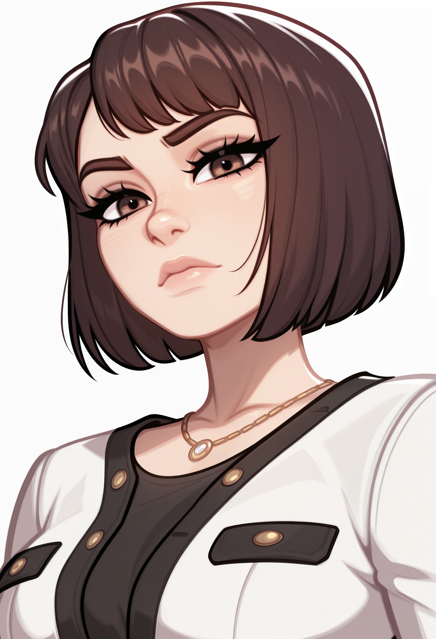 1girl, solo, portrait, looking at viewer, white background, 
short hair, brown hair, bob cut, brown eyes, 
necklace, long sleeves, white jacket, black shirt, formal
masterpiece, best quality, <lora:mukoda_saeko-guy90-Illust-LoraV102:1>, okekum, <lora:Blushyspicy-guy90-IllustriousV101:1>, yciblu