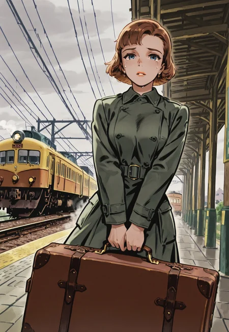 1girl, solo, 1940s coat dress, wavy brown hair, vintage bob hairstyle, blue eyes, holding a suitcase, tearful expression, tears, crying, BREAK, 

medium shot, standing at a train station, steam train in background, dynamic angle, looking at viewer, emotional farewell, BREAK, 

outdoors, 1940s train station, vintage signage, steam train, blurred passengers, moody lighting, overcast sky, BREAK,

vintage romance comic, muted colors, neutral palette, sepia tones, ink crosshatching, official style, original art style, (safe_pos, fine texture, masterpiece, ultra-detailed, very aesthetic, absurdres, volumetric lighting, scenery), BREAK.