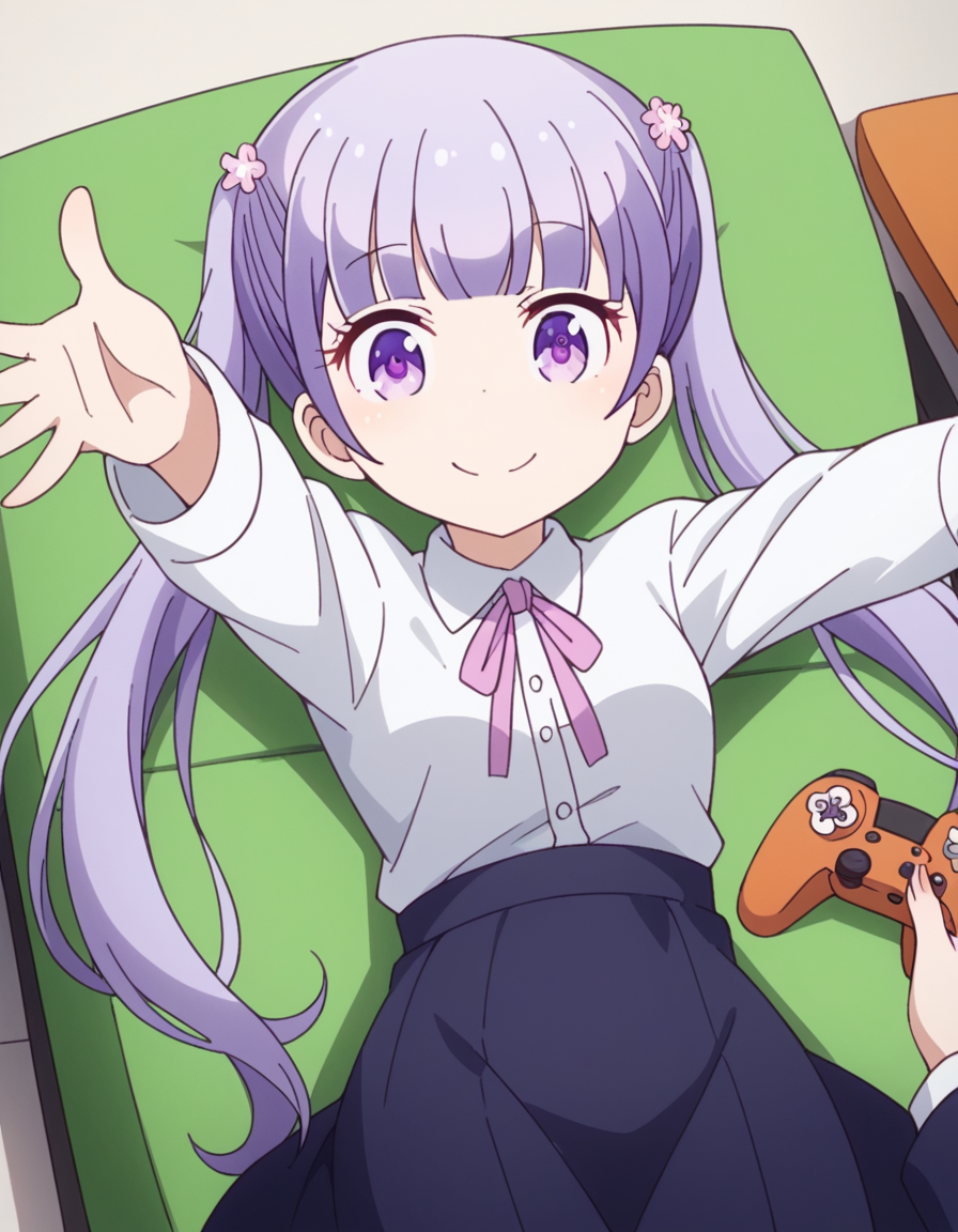 score_9, score_8_up, score_7_up, source_anime, <lora:aoba-suzukaze-s2-ponyxl-lora-nochekaiser:1>, aoba suzukaze, eyebrows, hair ornament, long hair, purple eyes, purple hair, twintails,, blue skirt, bow, bowtie, business suit, dress shirt, formal, neck ribbon, pink bow, pink bowtie, pink ribbon, ribbon, shirt, skirt, skirt suit, suit, white shirt,, living room, video game, controller, competitive, fun, afternoon, smile, , on back, arm support, arms up, incoming hug, pov, reaching, reaching towards viewer,, solo,, cowboy shot, dutch angle