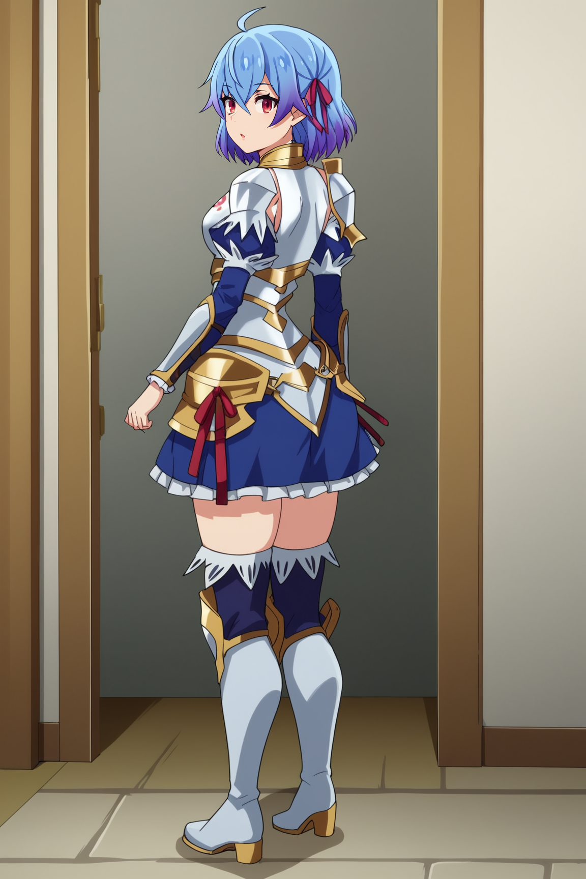 score_9, score_8_up, score_7_up, score_6_up, BREAK, RutiBHPXL, red eyes, blue hair, purple hair, gradient hair, short hair, hair ribbon, red ribbon, ahoge, hair between eyes, medium breasts, white armor, breastplate, detached sleeves, blue sleeves, single pauldron, hip armor, blue skirt, white thigh boots, solo, full body, standing, from behind, big ass, surprised, looking at viewer, indoors <lora:RutiBHPXL:1>