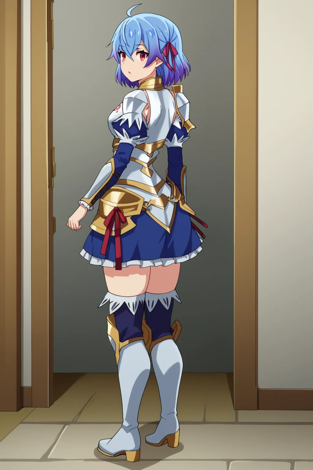 score_9, score_8_up, score_7_up, score_6_up, BREAK, RutiBHPXL, red eyes, blue hair, purple hair, gradient hair, short hair, hair ribbon, red ribbon, ahoge, hair between eyes, medium breasts, white armor, breastplate, detached sleeves, blue sleeves, single pauldron, hip armor, blue skirt, white thigh boots, solo, full body, standing, from behind, big ass, surprised, looking at viewer, indoors <lora:RutiBHPXL:1>
