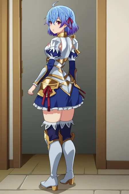 score_9, score_8_up, score_7_up, score_6_up, BREAK, RutiBHPXL, red eyes, blue hair, purple hair, gradient hair, short hair, hair ribbon, red ribbon, ahoge, hair between eyes, medium breasts, white armor, breastplate, detached sleeves, blue sleeves, single pauldron, hip armor, blue skirt, white thigh boots, solo, full body, standing, from behind, big ass, surprised, looking at viewer, indoors <lora:RutiBHPXL:1>