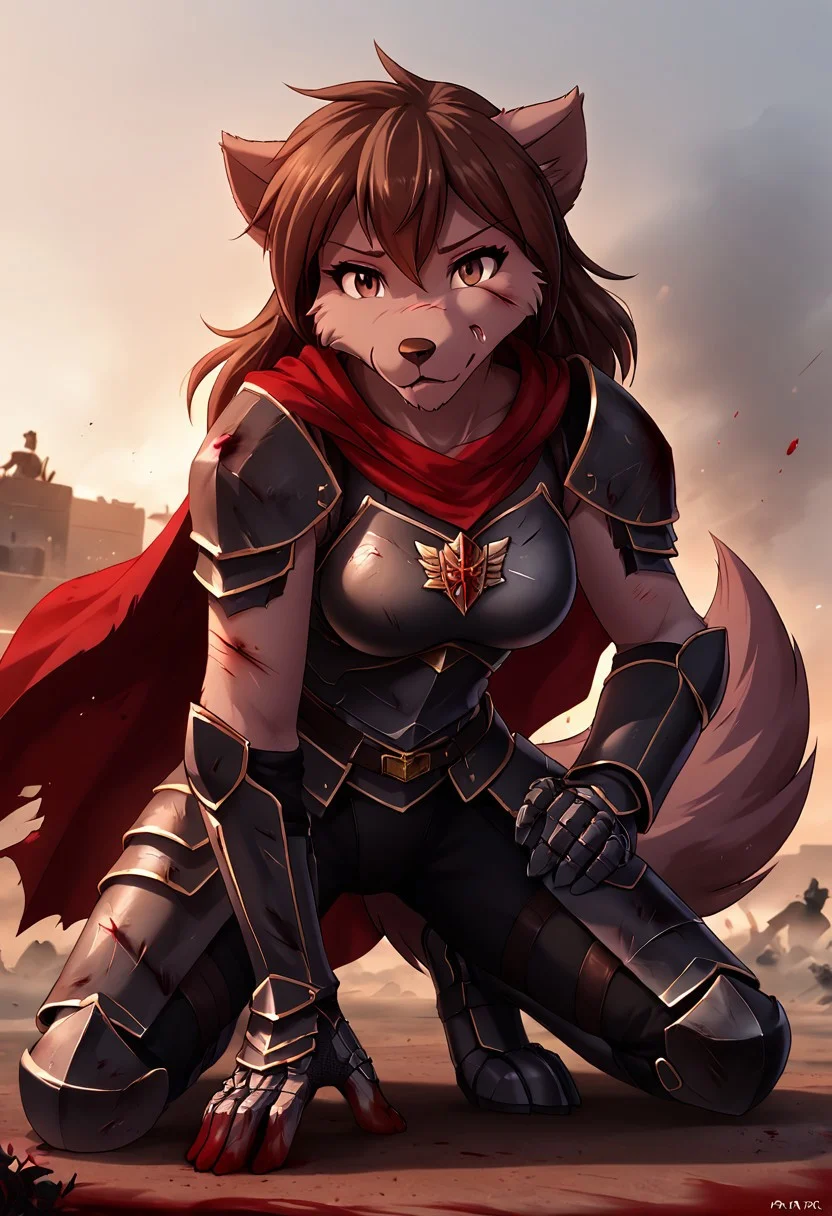 score_9, score_8_up, source_furry, (masterpiece, best quality, absurdres, detailed background, detailed foreground), <lora:Natani-Twokinds-SDXL-AnonTK-V3:0.85>, natani-twokinds, wolf tail, brown eyes, 1girl, female, medium breasts, animal ears, (standing on one knee:1.2), holding the sword handle, sword with long blade and short handle, wearing black armor with golden trim and torn red cape, armored gloves, (injured:1.2), hand on a chest, leaning forward, blood on the face, (battlefield:1.2), symmetrical armor, <lora:p:0.35>