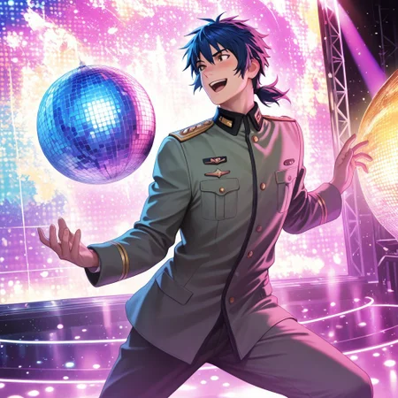 masterpiece, best quality, amazing quality, absurdres, newest, detailed background, definition so sharp, Ultra-HD, 8K cinematic, very awa, impressionate, amazing quality, highres,
solo, male focus, manly,
daikakukokujouji, 1boy, short hair, tied hair, low tied hair, lieutenant_pretime, lieutenant_blue hair, lieutenant_brown eyes, dancing, energetic pose, open mouth smile, clumsy moves, colorful lighting, disco ball, upbeat music, joyful, cool, energetic, charming, funny