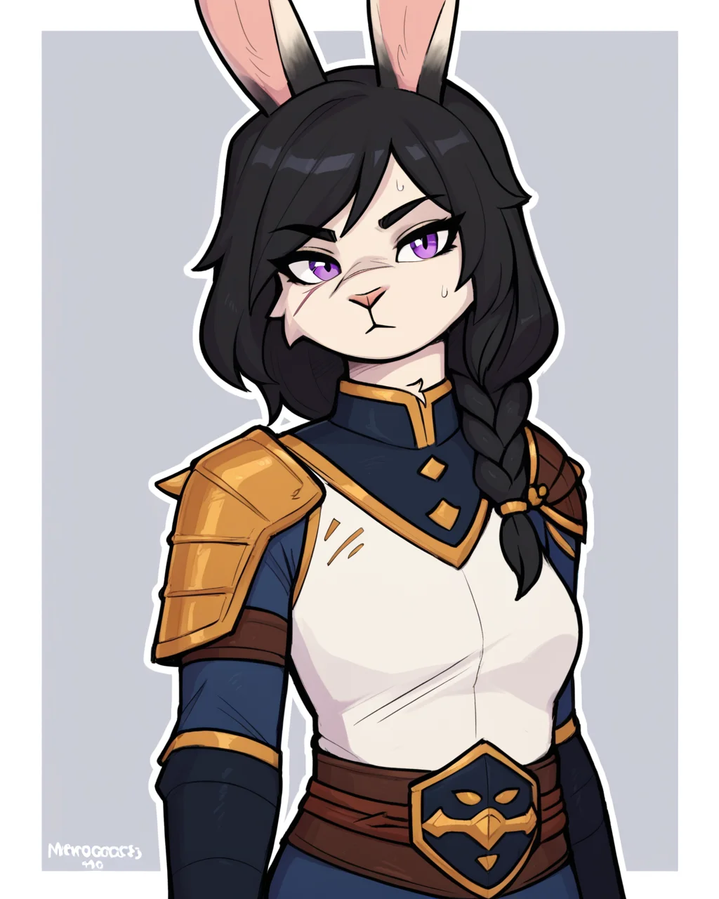 score_9_up, score_8_up, score_7_up, score_6_up, half-length portrait, female, black hair, purple eyes, bunny, facial scar, medium breasts, long hair, side braid, furry, clothing, shoulder armor,   looking at viewer, neutral expression, head tilt, solo, (three-quarter view), simple background, white outline <lora:Leah_Pines(AIM)_XL_v1:0.15> <lora:PDXL_artist_tags_v2_big:0.5> <lora:The-Minuscule-Task_PDXL_v1.0:0.6>  <lora:Solstice_Fuyumi_VisitorVun:0.8>