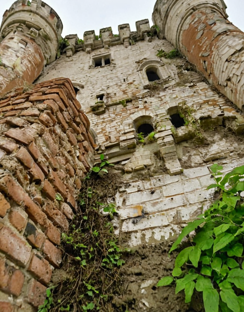 <lora:YCO_xl_F1c:1> yco_xl, fortified castle, outside, from low very angle, closeup, dirty, vegetation, with ruins, brown and white colored castle wall bricks,