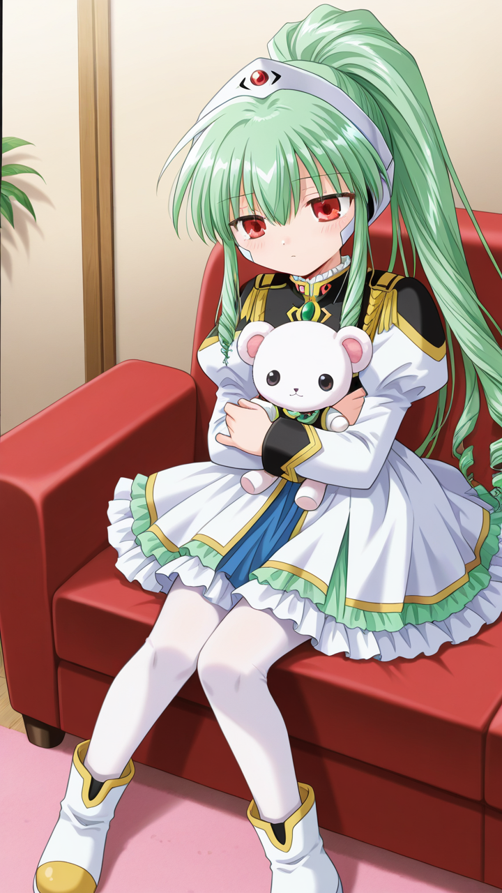 Hugging object, stuffed animal, stuffed toy, sentient stuffed toy,, masterpiece, best quality, amazing quality, very aesthetic, absurdres, newest, anime screencap, <lora:checkpoint-e24_s720:1>, vanilla h, kanan, red eyes, green hair, ponytail, drill hair, long hair, sidelocks, hair between eyes, headgear, uniform, white dress, frilled dress, frills, long sleeves, juliet sleeves, pantyhose, white pantyhose, white boots,