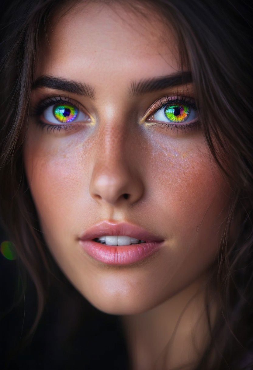 Half Portrait, natural photography, black neat background, flirty, brunette, detailed bright rainbowiridal palette eyes, intense gaze, bokeh, hasselblad