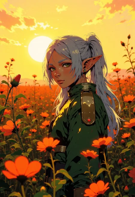 cinematic film still award winning photo of nereirfpnxl, frieren, elf, pointy ears, green eyes, white hair, twintails, standing in a field of flowers during sunset,wide depth of field, vignette, highly detailed, high budget, bokeh, cinemascope, moody, epic, gorgeous, film grain, grainy,anime, cyberpunk, Comic book style,CAICO