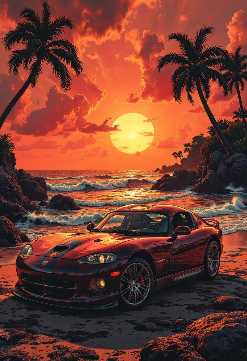 A graphic illustration, in black and white, of an ocean landscape with a bright orange sunset.streets,.photoshoot near the ocean at sunset near car Dodge Viper (1992)
<lora:Dieselcore:0.7> d1eselc0re <lora:Glitchcore_Flux:0.4> gl1tchc0re