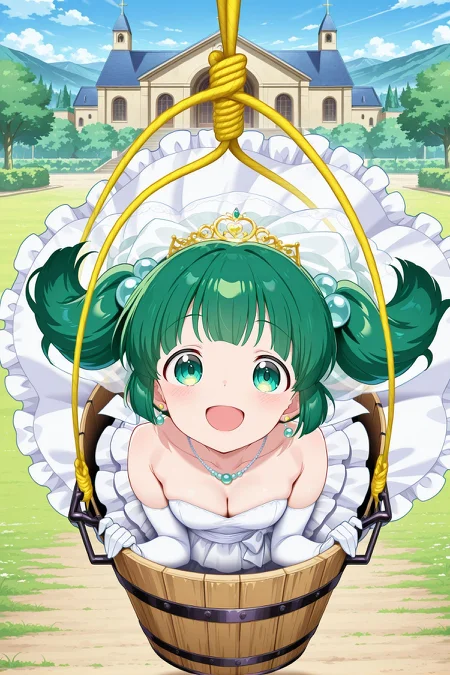 absurdres, highres, masterpiece, best quality, amazing quality, official anime artwork, screencap, anime screencap, outdoors, looking at viewer, open mouth, smile, midair, church,n
<lora:Kisume_Illustrious:1> kisume, 1girl, solo, green eyes, green hair, short hair, short twintails,, kisume \(bespoke white bucket\), alternate costume, veil, gold tiara, earrings, necklace, cleavage, white dress, wedding dress, strapless dress, frilled dress, back bow, white bow, collarbone, white gloves, elbow gloves, yellow rope, wooden bucket, in bucket,