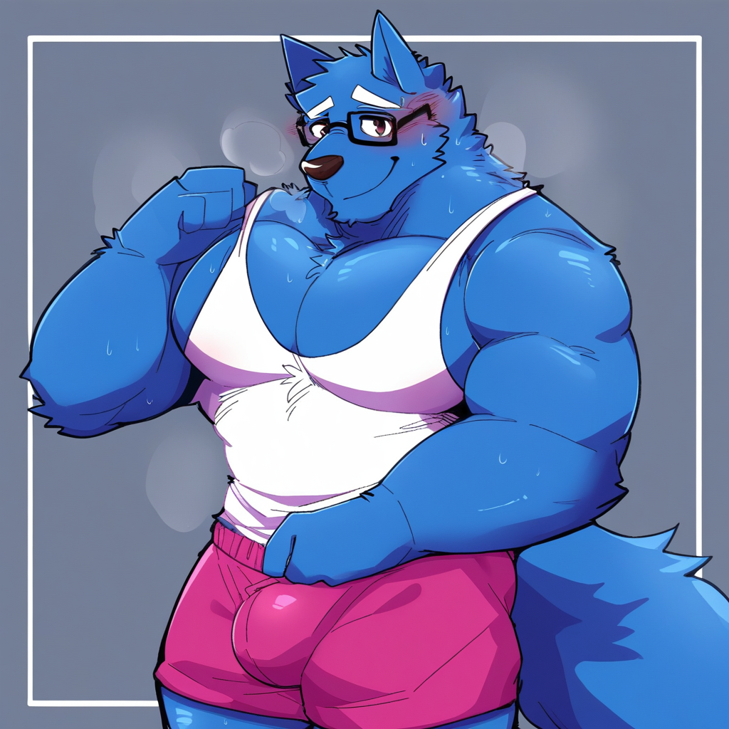 Muscular male, 1boy, solo, gym background, furry, wolf, blue body, black glasses, brown eyes, large pectorals, white tank top, pink shorts, smiling, sweating, blushing, standing