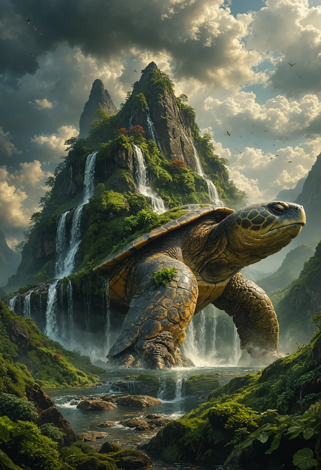 A majestic and colossal turtle that is part of the landscape, with a mountain integrated into its shell, Waterfalls cascade down from the mountain peaks, lush greenery covering the turtle's back, the turtle's head and limbs are made of rocky textures, adorned with patches of moss and vegetation, set against a backdrop of dramatic clouds and sky, birds soaring around the towering figure, atmosphere is serene and mystical, sense of ancient and natural magic, <lora:MJ52:0.4>, <lora:xl_more_art-full_v1:0.4>