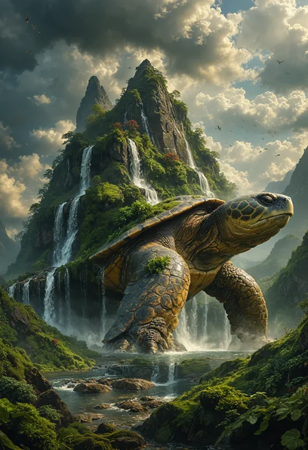 A majestic and colossal turtle that is part of the landscape, with a mountain integrated into its shell, Waterfalls cascade down from the mountain peaks, lush greenery covering the turtle's back, the turtle's head and limbs are made of rocky textures, adorned with patches of moss and vegetation, set against a backdrop of dramatic clouds and sky, birds soaring around the towering figure, atmosphere is serene and mystical, sense of ancient and natural magic, <lora:MJ52:0.4>, <lora:xl_more_art-full_v1:0.4>