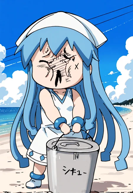 score_9,score_8_up,score_7_up,score_6_up,score_5_up,score_4_up,source_anime,best quality,masterpiece,
<lora:Ika>,ika,1girl,solo,blue hair,hat,tentacle hair,long hair,dress,bracelet,jewelry,outdoor,beach,sky,cloud,
<lora:mae_ga_mienee_pony_v1>,maemie,chibi,holding bucket,
