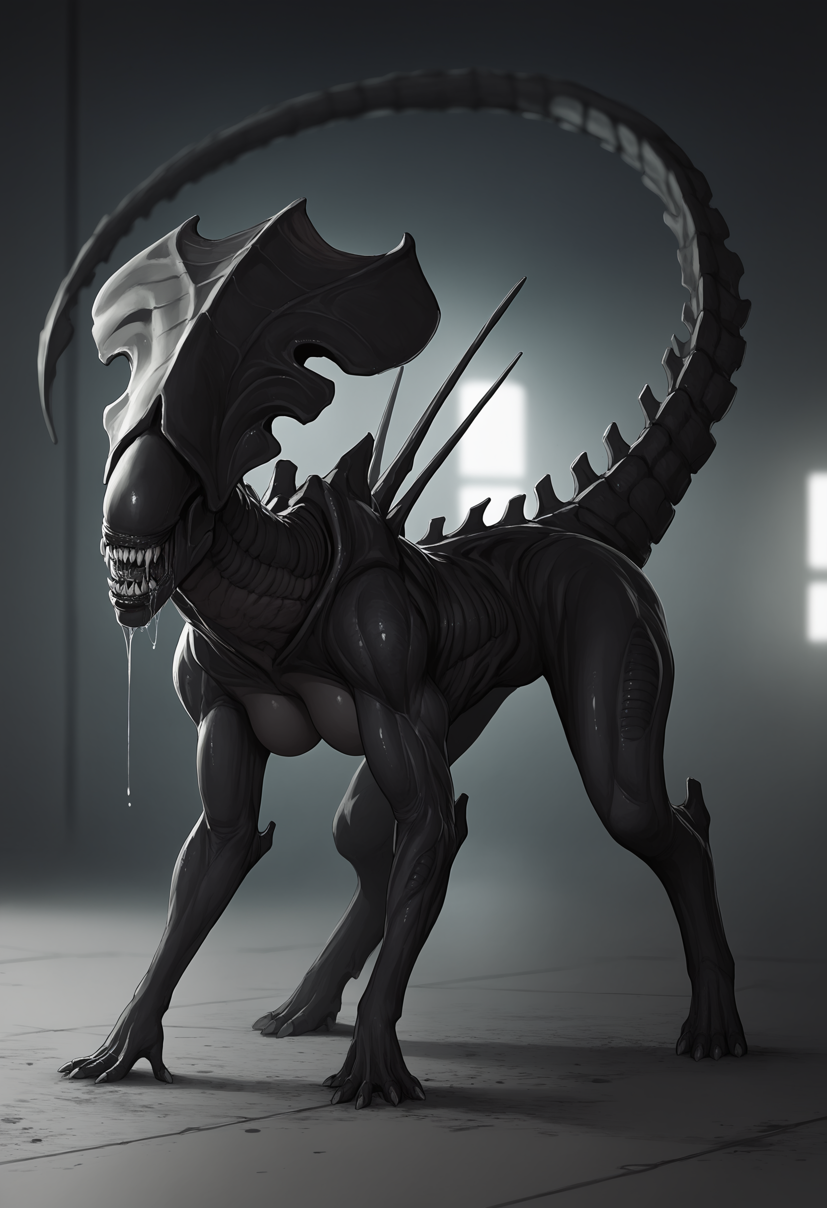 score_9, score_8_up, score_7_up, score_6_up, score_5_up, score_4_up, 1girl, <lora:XenomorphQueen:0.9> feral, solo, teeth, sharp teeth, colored skin, muscular female, black skin, no eyes, tail, monster, side view, saliva, drool, on all fours, 
dark factory background, concrete floor, blurry background,