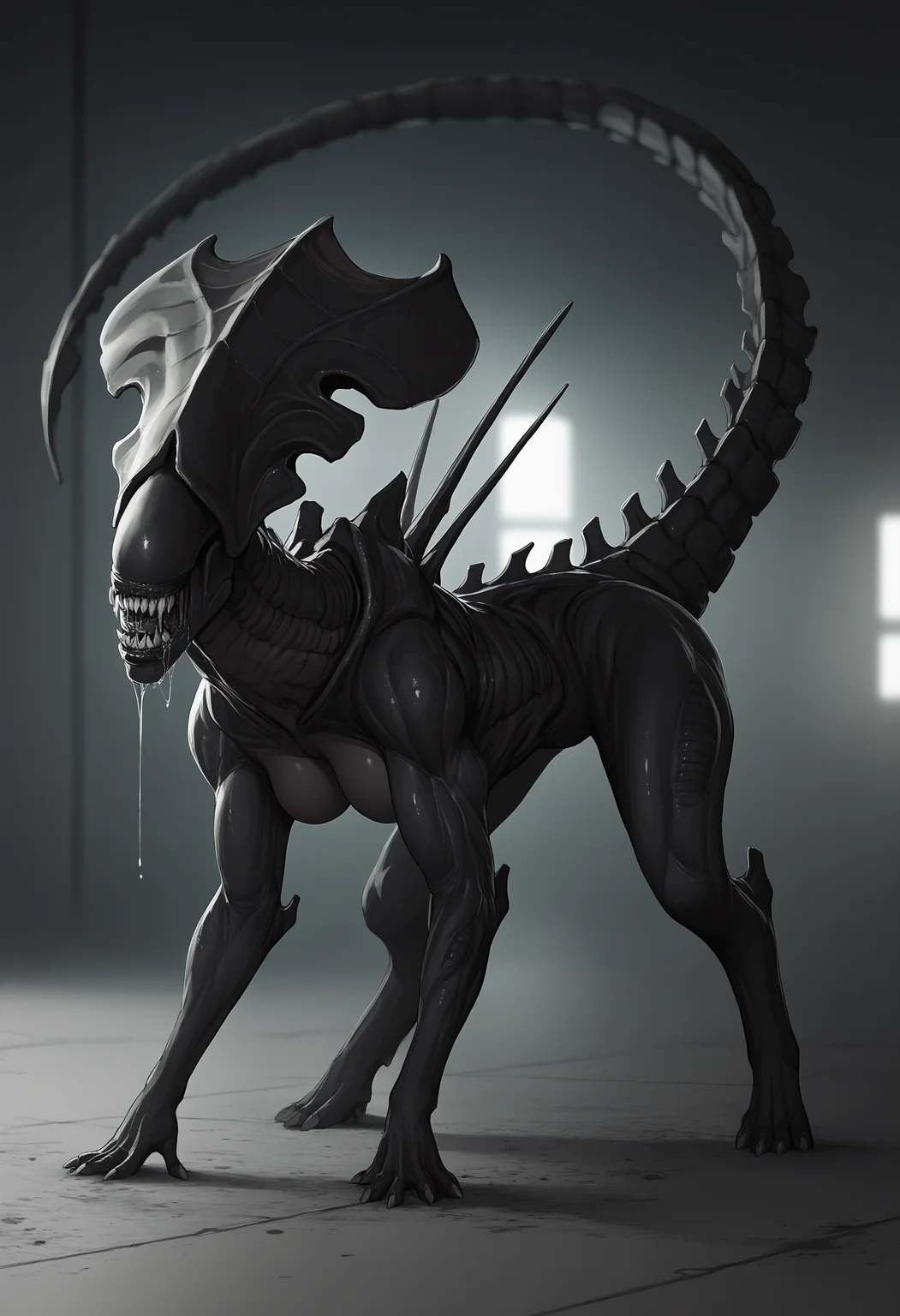 score_9, score_8_up, score_7_up, score_6_up, score_5_up, score_4_up, 1girl, <lora:XenomorphQueen:0.9> feral, solo, teeth, sharp teeth, colored skin, muscular female, black skin, no eyes, tail, monster, side view, saliva, drool, on all fours,
dark factory background, concrete floor, blurry background,