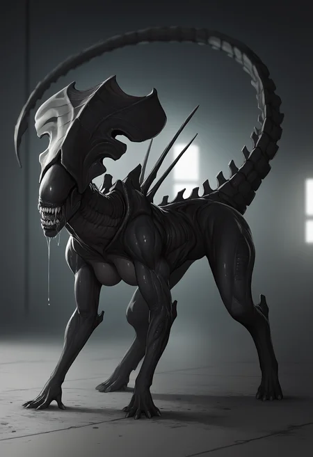 score_9, score_8_up, score_7_up, score_6_up, score_5_up, score_4_up, 1girl, <lora:XenomorphQueen:0.9> feral, solo, teeth, sharp teeth, colored skin, muscular female, black skin, no eyes, tail, monster, side view, saliva, drool, on all fours,
dark factory background, concrete floor, blurry background,