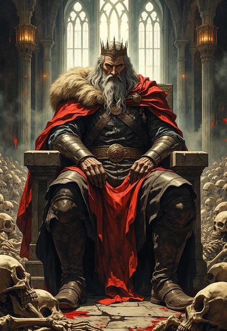 a muscular warrior sits on a stone throne, long grey hair, grey beard, scar on face, detailed face, crown on head, leather armor with red cloak with fur trim. The background shows a hall with large gothic windows, sun rays shining through the windows, skeletons of dead warriors are scattered everywhere, which gives the setting a mystical, strategic element. The atmosphere is one of stealth, precision and survival in the midst of an eerie environment.