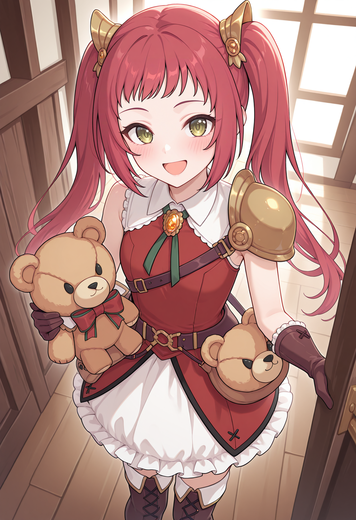 highres, best quality, masterpiece, indoors,
1girl, solo, pcrayane, twintails, red hair, long hair, green eyes,
payndef, hair ornament, red dress, collared dress, sleeveless dress, white collar, brooch, green ribbon, lanyard, single pauldron, shoulder armor, brown gloves, bear bag, waist bag, white skirt, frills, thigh boots,
looking at viewer, blush, smile, open mouth, 
standing, holding teddy bear, pkc teddy bear, large teddy bear, 
from above,
<lora:_ayane_pcr-elesico-ilxlA-000014:1>