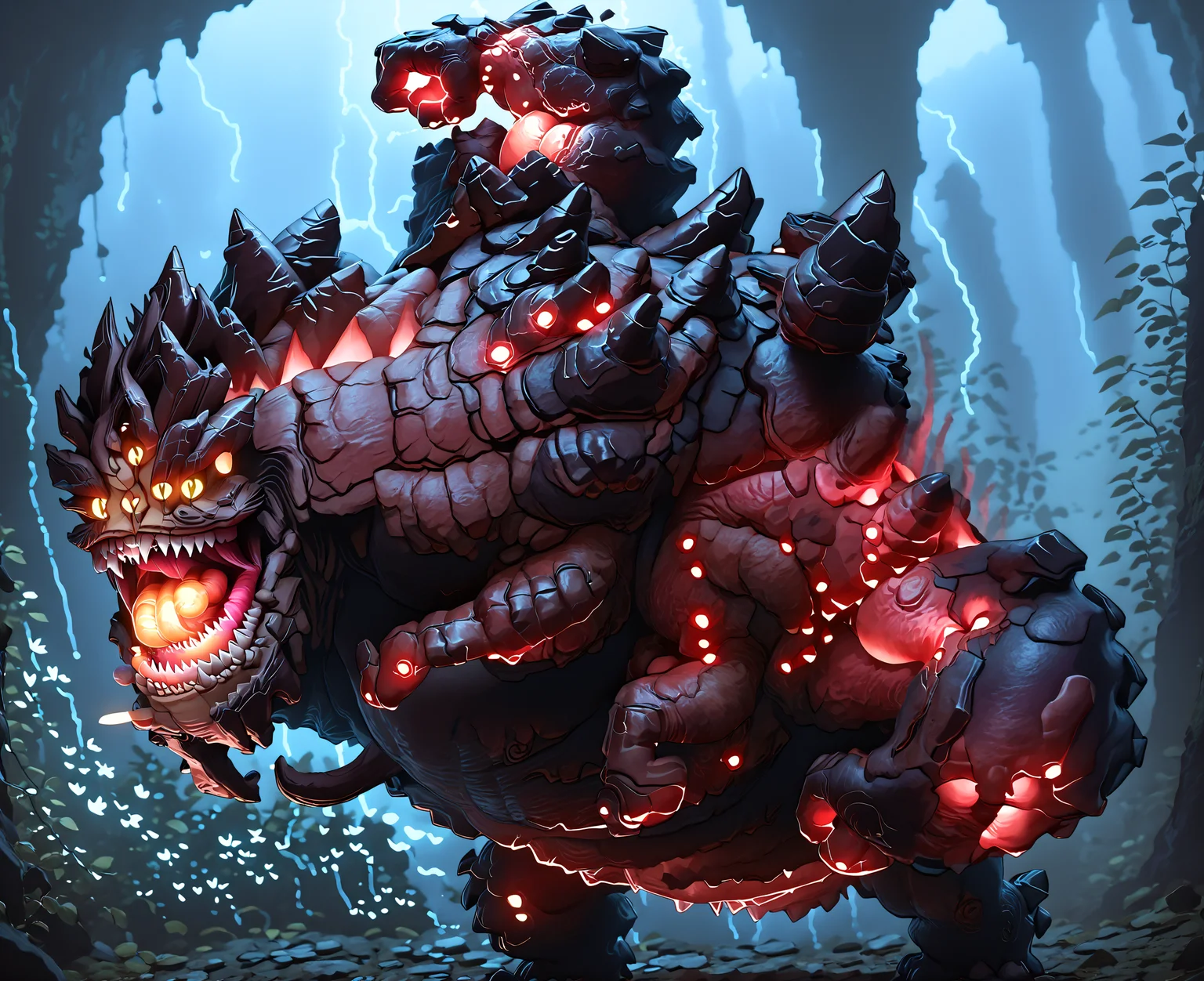 score_9, score_8_up, score_7_up, score_6_up, masterpiece,best quality, best quality, 3d, Behemoth,dynamic pose, directional blur, IncrsPunchMeme, incoming punch, 4 eyes, 3 fingers 1 thumb, default skin, glowing eyes, no humans, monster, dark canyon background, raining, detail,sharp teeth, thick hide covered in spikes and barbs, glowing body, glowing eyes, <lora:Evolve_Behemoth:1> <lora:PepePunchMeme_XLPD:1>