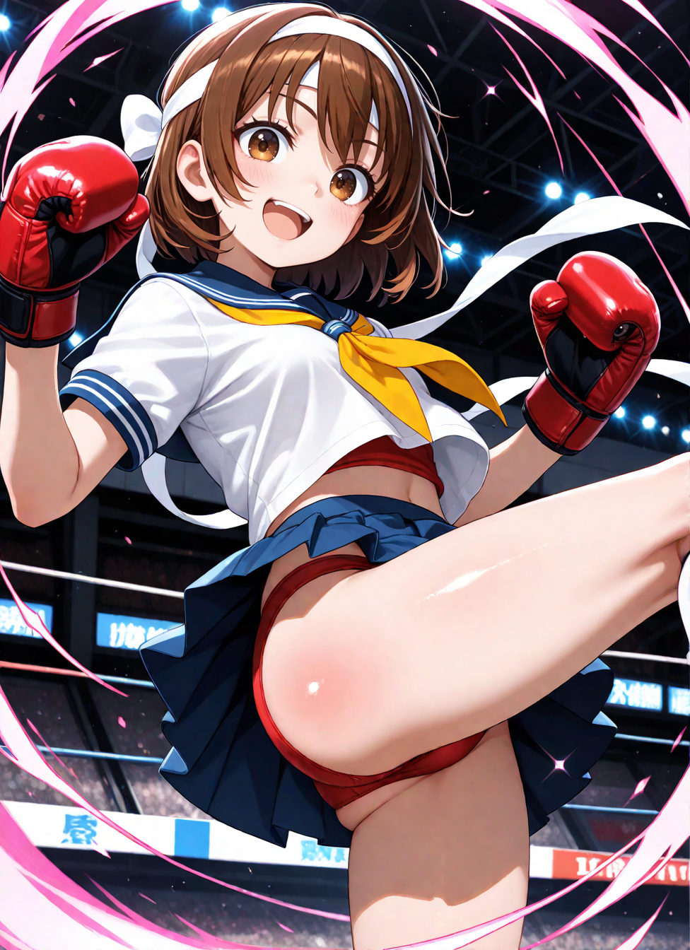 1girl,brown hair, brown eyes, short hair, white headband, serafuku, blue sailor collar, short sleeves, red undershirt, blue pleated skirt, midriff, mma gloves, tented shirt, smile, open mouth, fighting stance, looking at viewer, pink energy, energy trail, yellow tie, red panties, kicking,, <BREAK> , masterpiece, amazing quality, best quality, ultra-detailed, 8K, illustration, CG, clear skin, ultra-detailed-eyes, soft skin, shiny skin, shiny hair, very awa, very as2, anime coloring,, , shiny, shiny skin, shiny hair, soft body,, <BREAK> (body blush:1.2),