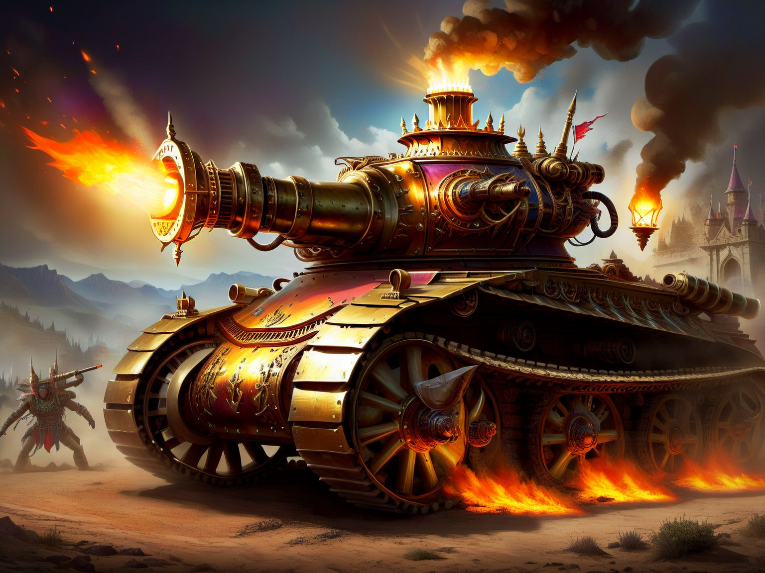 <lora:TechPunkAIv2Pruned:.9> GasLightFantasyAI  battle tank (Highly detailed, amazing fantasy setting), (Shiny Impressive lighting), (Colorful, Ultra Realistic, High quality, Highly detailed, Sharp focus, 8K UHD, Art photography), (trending on artstation)