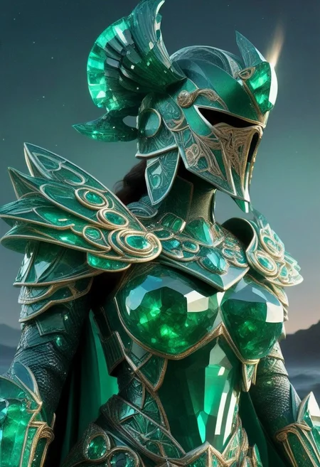 Hyperrealism, fully dressed, goddess, doing shores, night, emeraldmorph, galactic, (extremely detailed overall:1.5), closer, upper body, portrait, (GIGA ARMOR:1.5), emerald armor, lava vulcan background, full face helmet, supreme armor,
