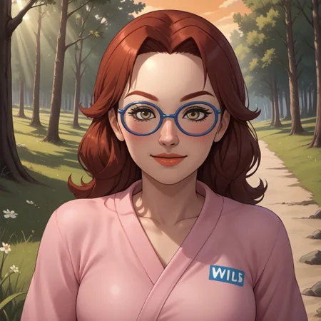 score_9, score_8, BREAK, solo, wii, mii, wii sports, 1girl, female mii, dark yellow eyes, blush, dark red hair, dark red eyebrows, lips, blue glasses, pink clothing, white pants, shoes, cute, nintendo mii, modern_mii, classic_mii, breasts, Helen_(Wii_Sports), sexy pose, self portrait, smile, outdoors, sunlight, shadows, evening lighting, natural lighting, forest, trees, grass, orange sky, sunset