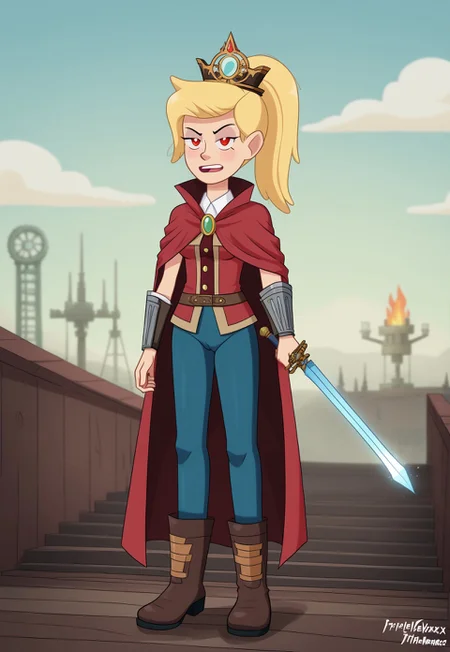 triplevexx, flame_princess, adventure_time, 1girl, red_eyes, blonde_hair, the intrepid time traveler, steps out of a vintage time machine, wearing a stylish steampunk outfit, ready to explore a new era. [Steampunk, Time Travel, Adventure]