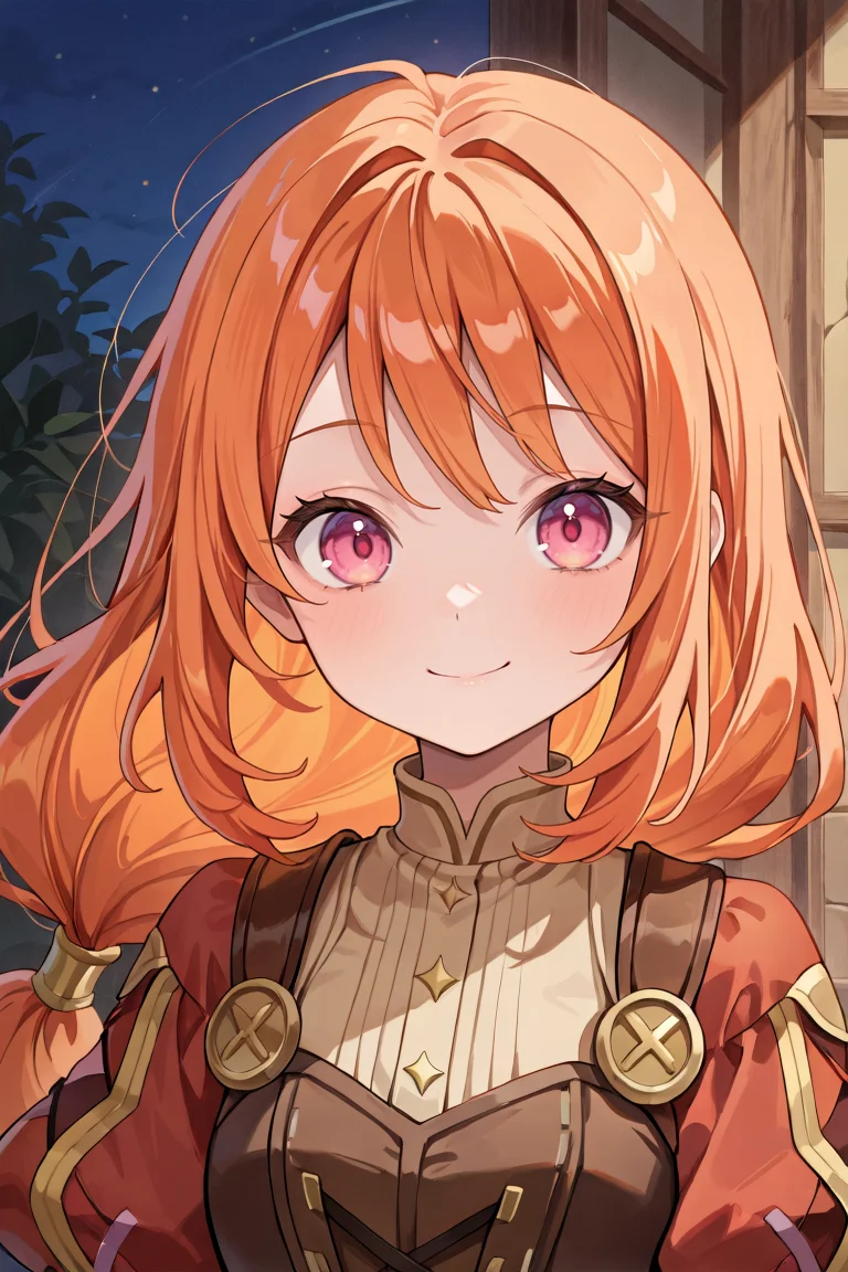 <lora:MonicaIL:0.8> , MoniDef, 1girl, pink eyes, long hair, orange hair, low-tied long hair, juliet sleeves, shoulder pads, patchwork clothes, layered dress, corset, brown corset, red sleeves, yellow juliet sleeves, ((face, close-up)), portrait, smile, night, looking at viewer,  beige shirt, beige undershirt, masterpiece, very aesthetic, absurdres, best quality, amazing quality, high resolution, detailed background, <lora:illustrious_quality_modifiers_masterpieces_v1:0.8> , <lora:ChamIllustriousBackgroundEnhancer:0.5>,