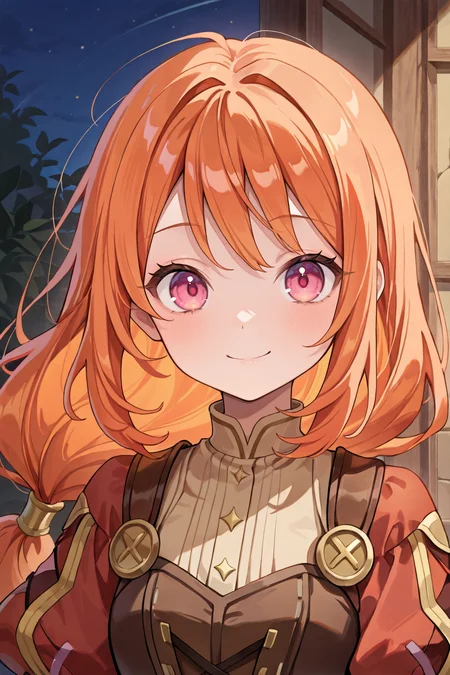 <lora:MonicaIL:0.8> , MoniDef, 1girl, pink eyes, long hair, orange hair, low-tied long hair, juliet sleeves, shoulder pads, patchwork clothes, layered dress, corset, brown corset, red sleeves, yellow juliet sleeves, ((face, close-up)), portrait, smile, night, looking at viewer,  beige shirt, beige undershirt, masterpiece, very aesthetic, absurdres, best quality, amazing quality, high resolution, detailed background, <lora:illustrious_quality_modifiers_masterpieces_v1:0.8> , <lora:ChamIllustriousBackgroundEnhancer:0.5>,