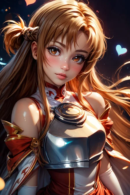score_9, score_8_up, score_8, medium breasts, (curvy), cute, eyelashes, BREAK, , zzAsuna, asuna (sao), long hair, brown hair, brown eyes, braid, very long hair, thighhighs, bare shoulders, detached sleeves, armor, white thighhighs, breastplate, red skirt, <lora:Asuna_SAO_PDXL_v3:0.8>,, BREAK, (ultra realistic,32k, masterpiece:1.2),(high detailed skin:1.1),( high quality:1.1), curvy, head tilt, hearts, blush, lips, closed mouth, curvy, head tilt, shiny clothes, (upper body), looking at viewer, bokeh, luminescent background, embedding:zPDXL, Expressiveh, <lora:RlAnmPDXL:1.0>,