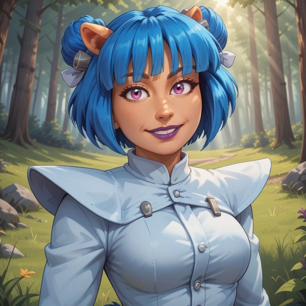 score_9, score_8, BREAK, solo, Megumi_Bandicoot_(Crash_Team_Racing), bandicoot, blue hair, twin bun, purple eyes, lab assistant outfit, smiling, orange skin, orange skin female, dual-colored skin, black nose, eyelashes, purple lips, animal ears, blue bun tail, self portrait, smile, looking at viewer, outdoors, sunlight, shadows, evening lighting, natural lighting, forest, trees, grass, orange sky, sunset
