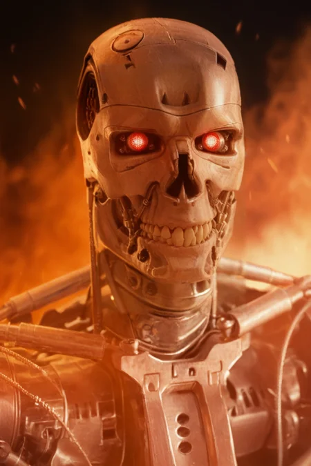 T800_Endo, Terminator robot, score_9, score_8_up, score_7_up, (source_IRL, source_movie), cinematic, realistic, masterpiece, high quality, highres RAW photo, ((close-up shot))
a T800_Endo Terminator Robot with glowing red eyes, he is made of metal, <lora:T800_Endo_Terminator_Pony_v1-000013:1>
(standing in flames)
black background, in flames, fire, flames and fire everywhere, there is so much fire
dynamic lighting, highly detailed, intricate details