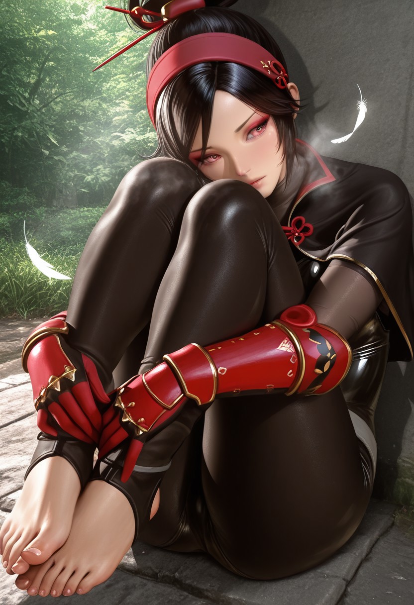zumi,  outdoors, undershirt, falling feathers, black bodysuit, hair stick, hugging own legs, , gauntlets,   eyeshadow,   red gloves,  high ponytail,  , black capelet, red hairband, pink eyes, 1girl, solo, feet, visible breath,   dynamic angle, foreshortening, smell, steam,