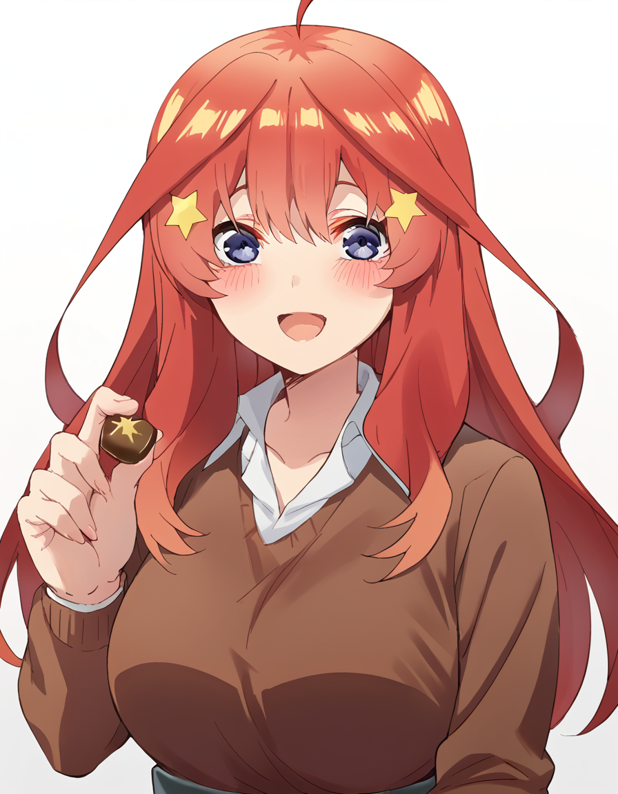 score_9, score_8_up, score_7_up, source_anime, <lora:itsuki-nakano-s2-ponyxl-lora-nochekaiser:1>, itsuki nakano, bangs, long hair, blue eyes, hair between eyes, ahoge, red hair, star (symbol), hair ornament, star hair ornament, mature female, large breasts, <lora:incoming-chocolate-ponyxl-lora-nochekaiser:1> incoming food, chocolate, holding, holding chocolate, holding food, food, looking at viewer, open mouth, blush, smile, school uniform,, ,