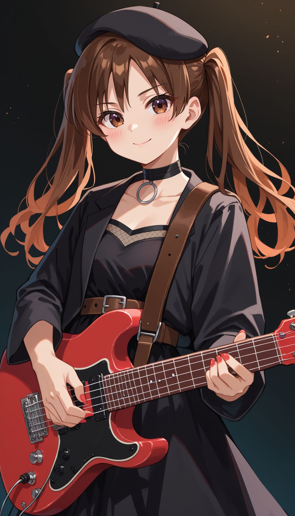 score_9, score_8_up, score_7_up, source_anime <lora:Ootsuki Yoyoko:0.8> ootsuki_yoyoko, holding instrument, 1girl, electric guitar, brown hair, twintail, black headwear, long hair, black jacket, hat, black choker, black dress, closed mouth, beret, plectrum, simple background, long sleeves, collarbone, blush, playing instrument, brown eyes, nail polish, belt, looking at viewer, music, smile, concert background, lighting ,