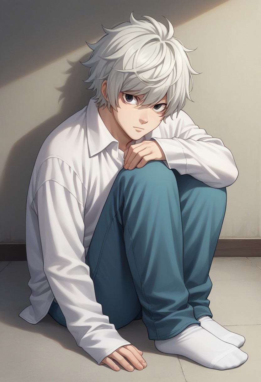 score_9, score_8_up, score_7_up, source_anime, highly detailed, 
near_dn, 1boy, solo, male focus, white hair,  black eyes, sitting, looking at viewer, shirt, white shirt, long sleeves, pants, blue pants, socks, white socks
indoor