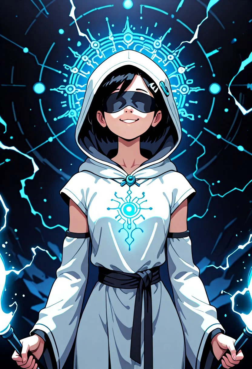 1gril, solo, Marcy, black hair, short hair, hairclip, dynamic angle, cowboy shot, action pose, glowing (circuit tattoo:1.2), robe, detached sleeves, hood up, noble, simulator, blindfold, covered eyes, shaded face, smug, holding polearm, sanctuary, runes, (electricity:0.5), over technology, geometry, white theme, polarized, chromatic aberration, disintegration effect, (abstract expressionism:0.6), fantasy, science fiction, future, ancient, masterpiece, best quality, amazing quality, very aesthetic, absurdres, newest, <lora:circuit_tattoo:1>